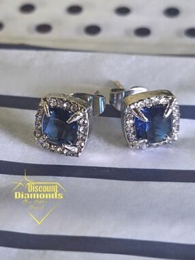 Blue Sapphire & Clear White Baguette Diamond Stud Earrings on 925 Silver
